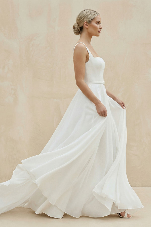 Square Neck Chiffon A - Line Wedding Dress in White - KissProm Wedding Dresses