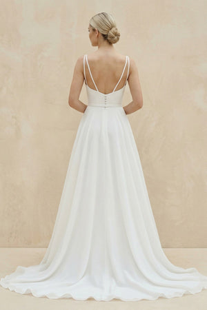 Square Neck Chiffon A - Line Wedding Dress in White - KissProm Wedding Dresses