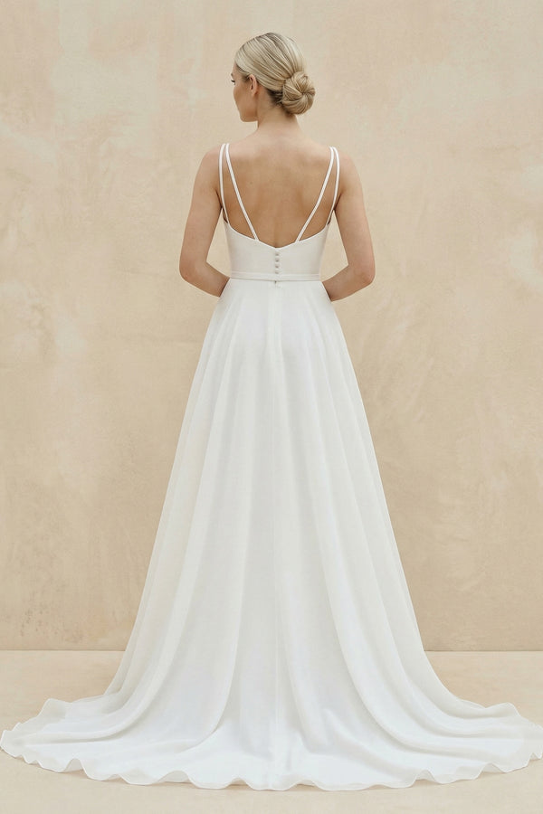 Square Neck Chiffon A - Line Wedding Dress in White - KissProm Wedding Dresses