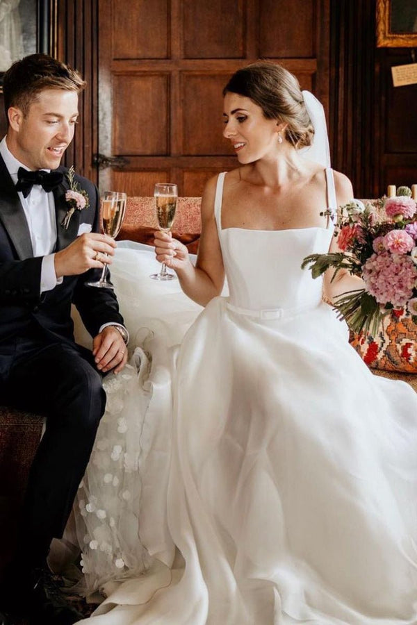 Chaming A-Line Square Neck White Wedding Dresses – Wedding Dresses by KissProm | Available at KissProm