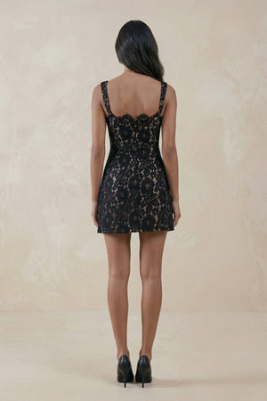 Square Neck Lace Sheath Mini Wedding Dress in Black - KissProm Wedding Dresses