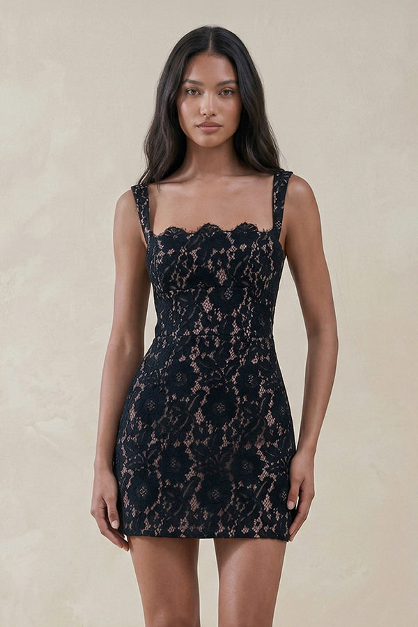 Square Neck Lace Sheath Mini Dress in Black, Black / 0