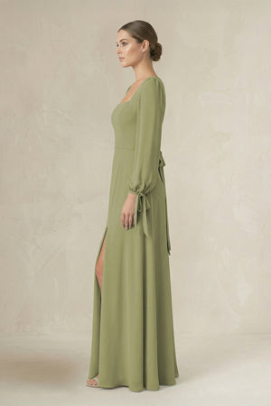 Square Neck Long Sleeve A-Line Chiffon Bridesmaid Dress in Moss Green - KissProm BRIDESMAID DRESSES