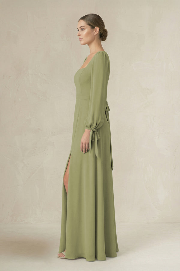 Square Neck Long Sleeve A-Line Chiffon Bridesmaid Dress in Moss Green - KissProm BRIDESMAID DRESSES