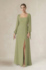 Square Neck Long Sleeve A-Line Chiffon Bridesmaid Dress in Moss Green - KissProm BRIDESMAID DRESSES