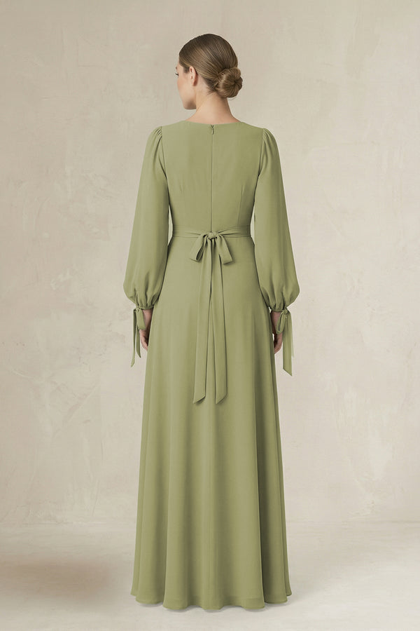 Square Neck Long Sleeve A-Line Chiffon Bridesmaid Dress in Moss Green, Moss Green / 8 Square Neck Long Sleeve A-Line Chiffon Bridesmaid Dress in Moss Green, Moss Green / 8