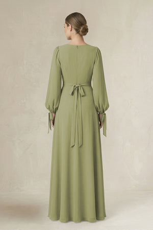 Square Neck Long Sleeve A-Line Chiffon Bridesmaid Dress in Moss Green - KissProm BRIDESMAID DRESSES