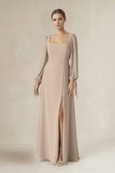 Square Neck Long Sleeve A-Line Chiffon Bridesmaid Dress in Almond - KissProm BRIDESMAID DRESSES