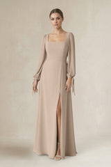 Square Neck Long Sleeve A-Line Chiffon Bridesmaid Dress in Almond - KissProm BRIDESMAID DRESSES