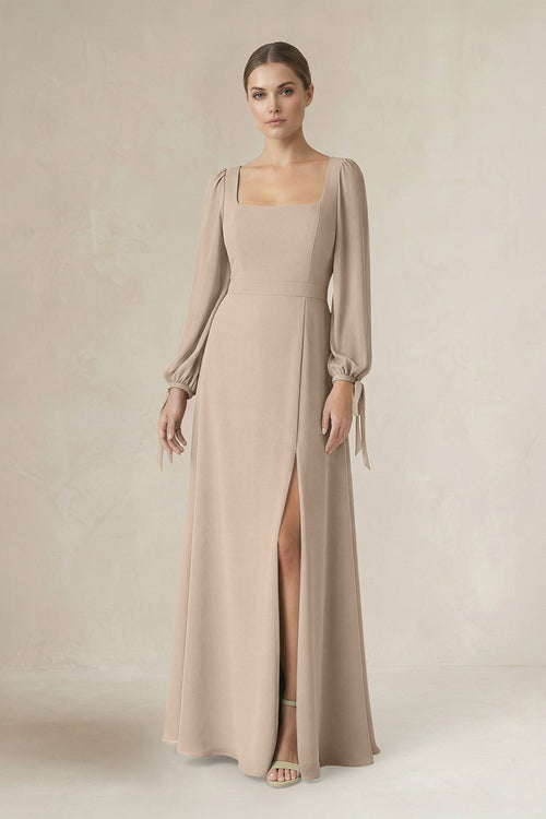 Square Neck Long Sleeve A-Line Chiffon Bridesmaid Dress in Almond - KissProm BRIDESMAID DRESSES