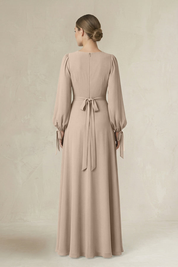 Square Neck Long Sleeve A-Line Chiffon Bridesmaid Dress in Almond - KissProm BRIDESMAID DRESSES