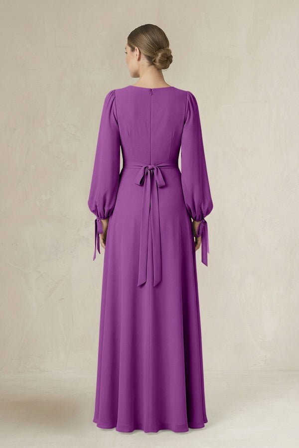 Square Neck Long Sleeve A-Line Chiffon Bridesmaid Dress in Amethyst - KissProm BRIDESMAID DRESSES