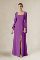 Square Neck Long Sleeve A-Line Chiffon Bridesmaid Dress in Amethyst - KissProm BRIDESMAID DRESSES