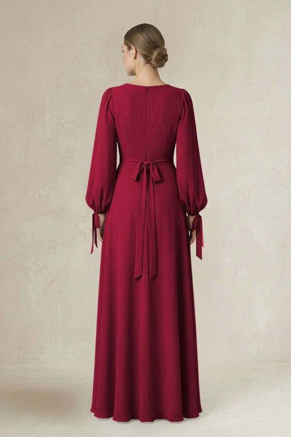 Square Neck Long Sleeve A-Line Chiffon Bridesmaid Dress in Berry - KissProm BRIDESMAID DRESSES