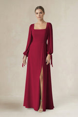 Square Neck Long Sleeve A-Line Chiffon Bridesmaid Dress in Berry - KissProm BRIDESMAID DRESSES