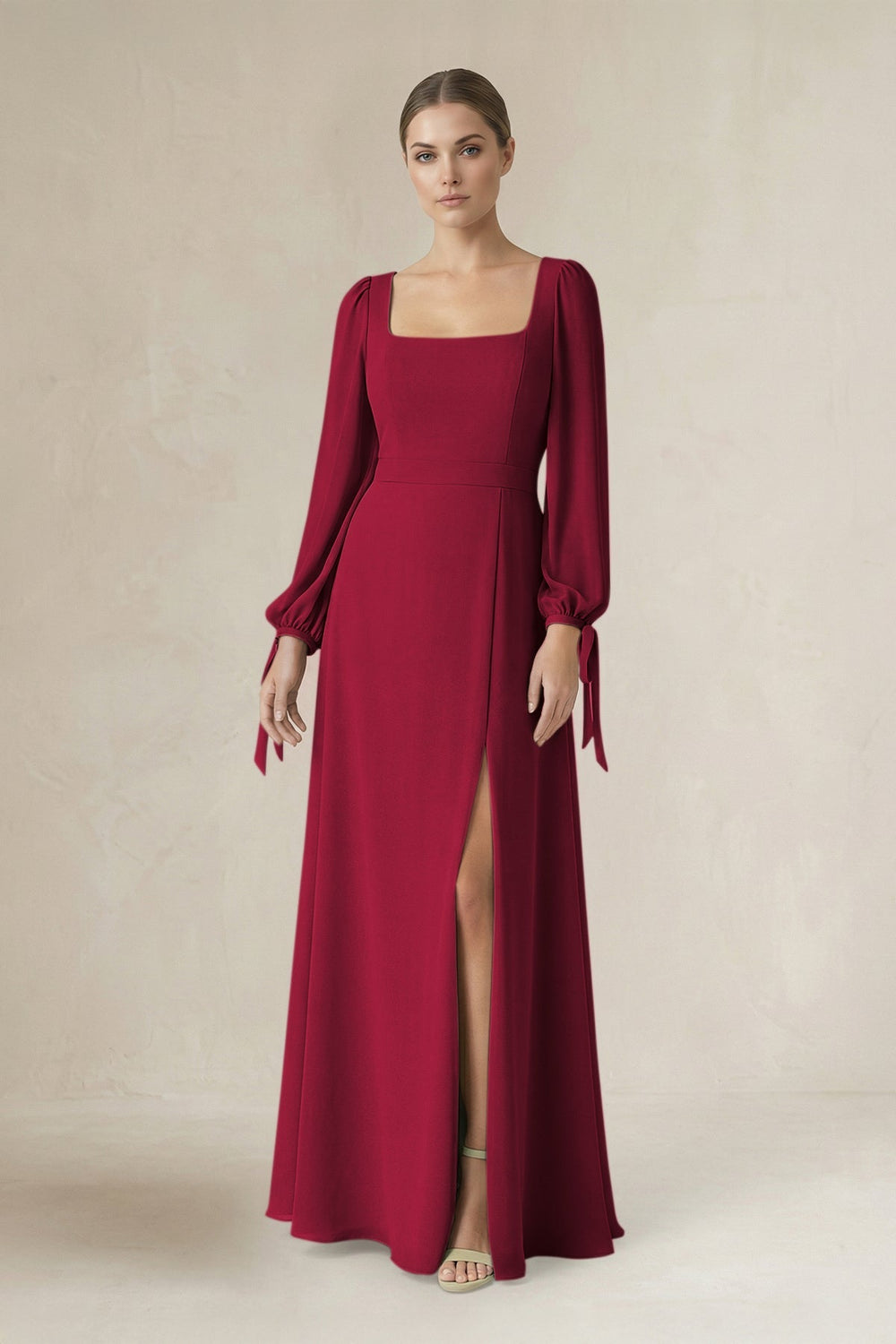 Square Neck Long Sleeve A-Line Chiffon Bridesmaid Dress in Berry - KissProm BRIDESMAID DRESSES