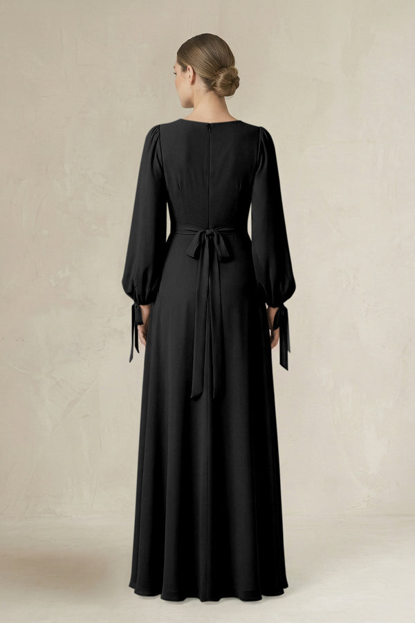 Square Neck Long Sleeve A-Line Chiffon Bridesmaid Dress in Black - KissProm BRIDESMAID DRESSES