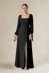 Square Neck Long Sleeve A-Line Chiffon Bridesmaid Dress in Black - KissProm BRIDESMAID DRESSES