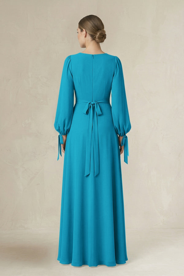 Square Neck Long Sleeve A-Line Chiffon Bridesmaid Dress in Blue Jay - KissProm BRIDESMAID DRESSES