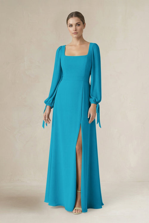 Square Neck Long Sleeve A-Line Chiffon Bridesmaid Dress in Blue Jay - KissProm BRIDESMAID DRESSES