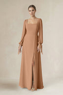 Square Neck Long Sleeve A-Line Chiffon Bridesmaid Dress in Bronzer - KissProm BRIDESMAID DRESSES