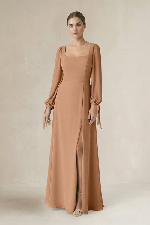 Square Neck Long Sleeve A-Line Chiffon Bridesmaid Dress in Bronzer - KissProm BRIDESMAID DRESSES