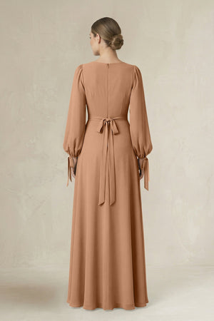 Square Neck Long Sleeve A-Line Chiffon Bridesmaid Dress in Bronzer - KissProm BRIDESMAID DRESSES