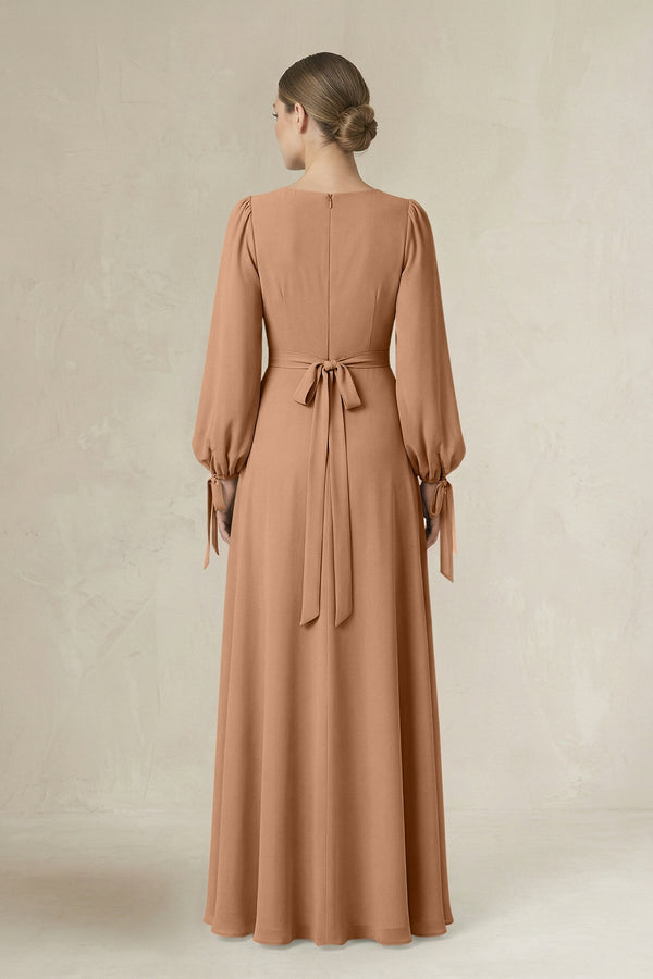 Square Neck Long Sleeve A-Line Chiffon Bridesmaid Dress in Bronzer - KissProm BRIDESMAID DRESSES
