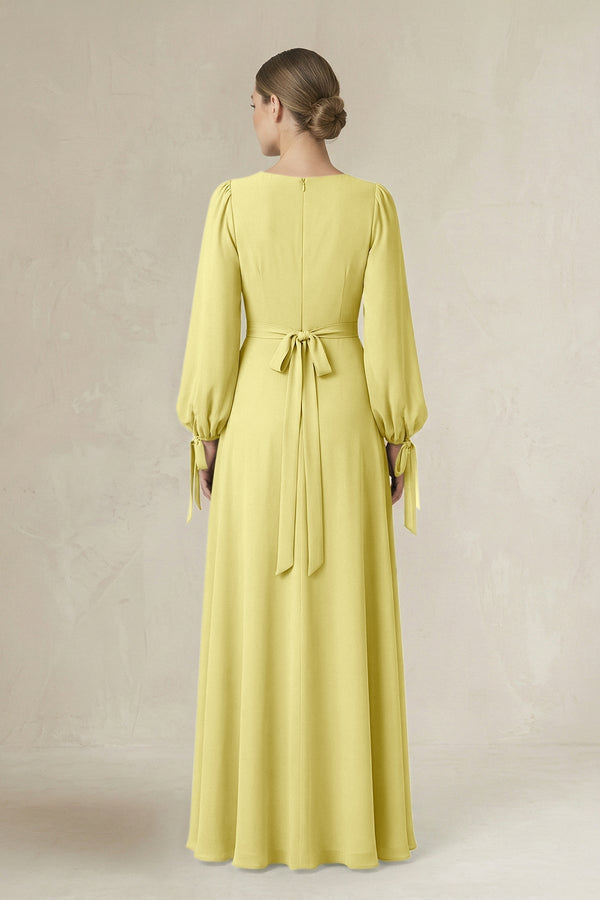 Square Neck Long Sleeve A-Line Chiffon Bridesmaid Dress in Buttercup - KissProm BRIDESMAID DRESSES