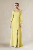 Square Neck Long Sleeve A-Line Chiffon Bridesmaid Dress in Buttercup - KissProm BRIDESMAID DRESSES