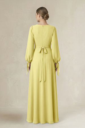 Square Neck Long Sleeve A-Line Chiffon Bridesmaid Dress in Buttercup - KissProm BRIDESMAID DRESSES