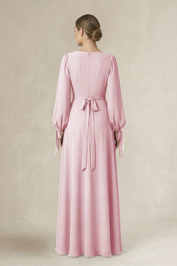 Square Neck Long Sleeve A-Line Chiffon Bridesmaid Dress in Candy Pink - KissProm BRIDESMAID DRESSES