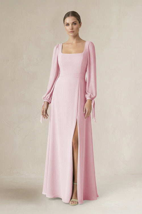 Square Neck Long Sleeve A-Line Chiffon Bridesmaid Dress in Candy Pink - KissProm BRIDESMAID DRESSES