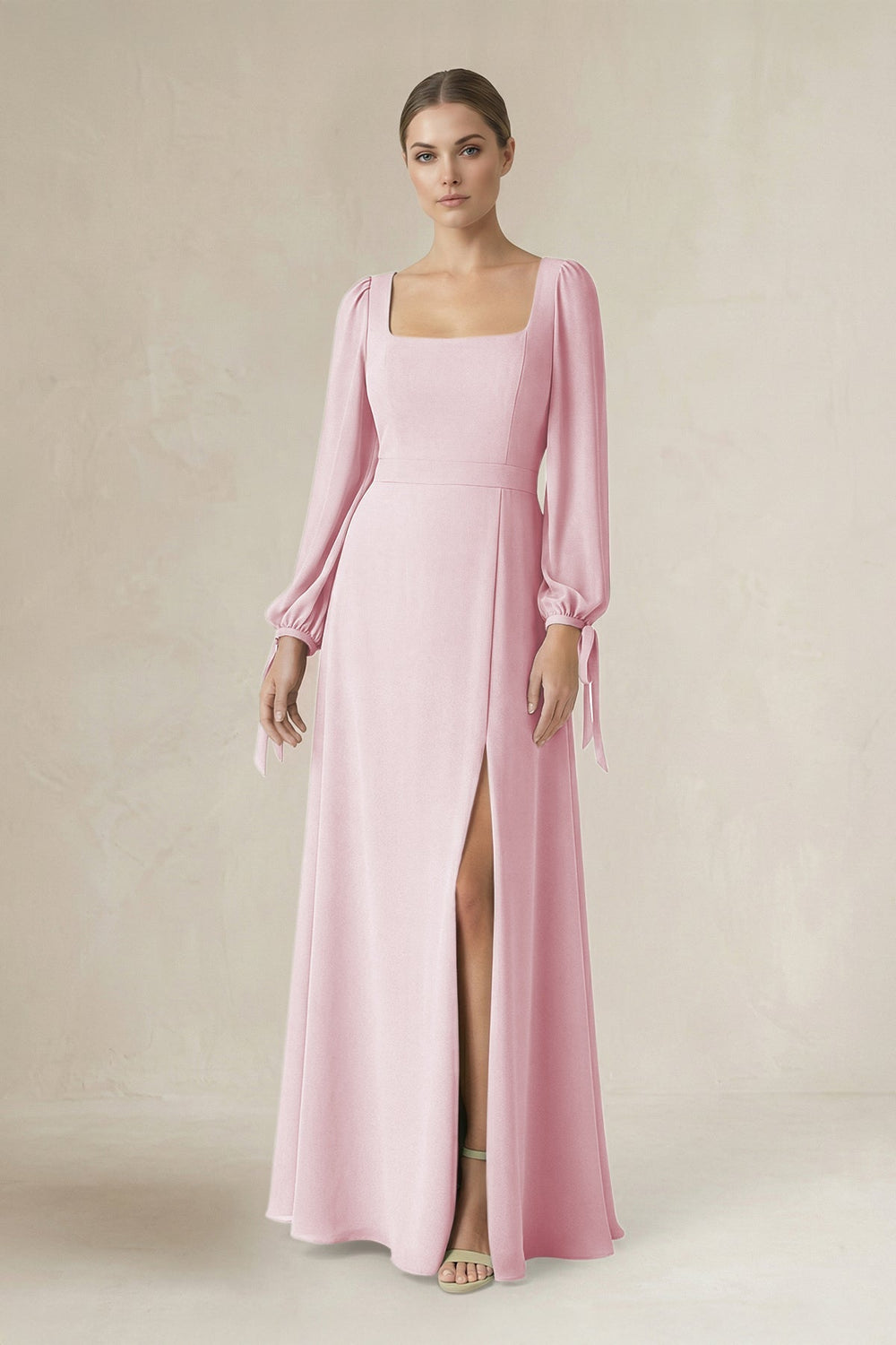 Square Neck Long Sleeve A-Line Chiffon Bridesmaid Dress in Candy Pink - KissProm BRIDESMAID DRESSES
