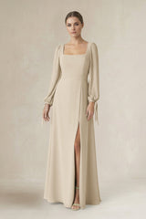 Square Neck Long Sleeve A-Line Chiffon Bridesmaid Dress in Champagne - KissProm BRIDESMAID DRESSES
