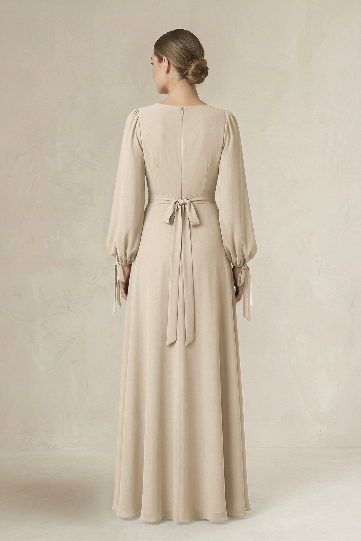 KissProm Square Neck Long Sleeve A-Line Chiffon Bridesmaid Dress in Champagne, Champagne / 2