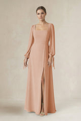 Square Neck Long Sleeve A-Line Chiffon Bridesmaid Dress in Champagne Rose - KissProm BRIDESMAID DRESSES