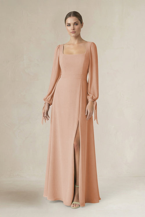 Square Neck Long Sleeve A-Line Chiffon Bridesmaid Dress in Champagne Rose - KissProm BRIDESMAID DRESSES