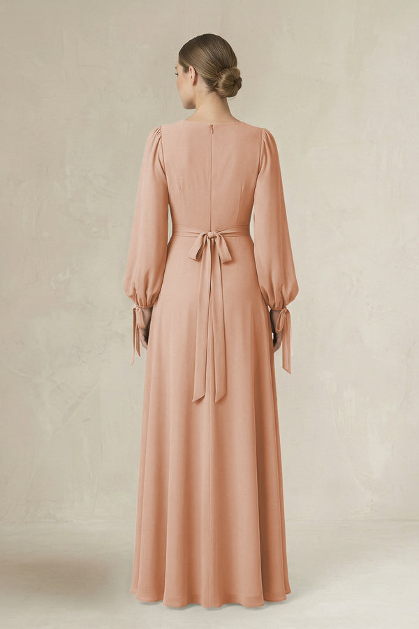 Square Neck Long Sleeve A-Line Chiffon Bridesmaid Dress in Champagne Rose - KissProm BRIDESMAID DRESSES