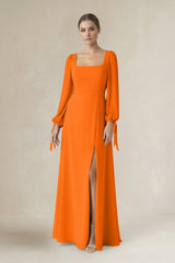 Square Neck Long Sleeve A-Line Chiffon Bridesmaid Dress in Cinnamon - KissProm BRIDESMAID DRESSES