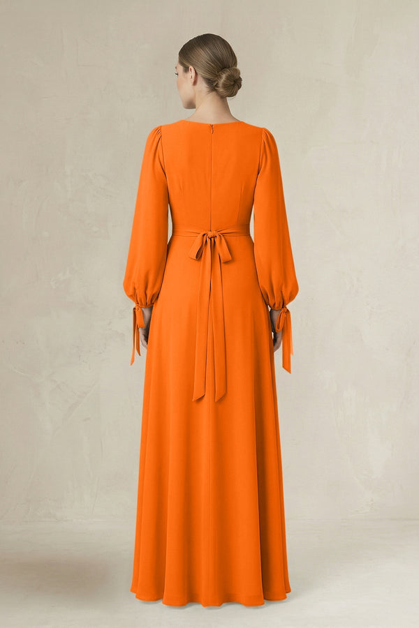 Square Neck Long Sleeve A-Line Chiffon Bridesmaid Dress in Cinnamon - KissProm BRIDESMAID DRESSES