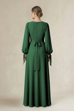 Square Neck Long Sleeve A-Line Chiffon Bridesmaid Dress in Dark Green - KissProm BRIDESMAID DRESSES