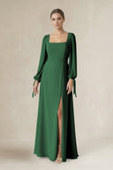 Square Neck Long Sleeve A-Line Chiffon Bridesmaid Dress in Dark Green - KissProm BRIDESMAID DRESSES