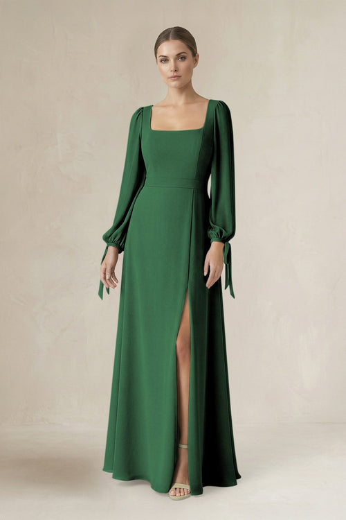 Square Neck Long Sleeve A-Line Chiffon Bridesmaid Dress in Dark Green - KissProm BRIDESMAID DRESSES