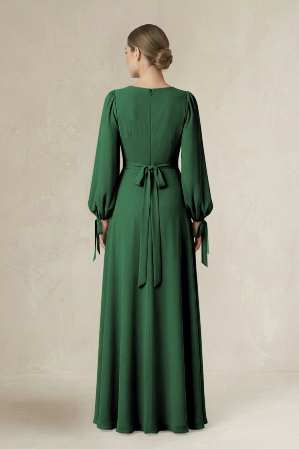 Square Neck Long Sleeve A-Line Chiffon Bridesmaid Dress in Dark Green - KissProm BRIDESMAID DRESSES