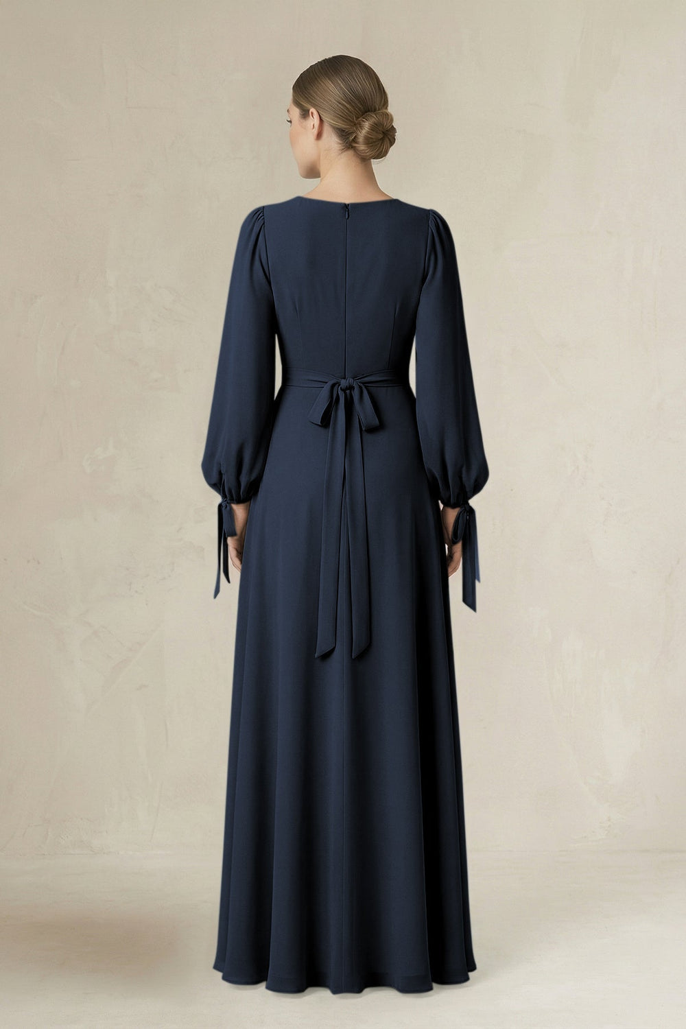 Square Neck Long Sleeve A-Line Chiffon Bridesmaid Dress in Dark Navy - KissProm BRIDESMAID DRESSES