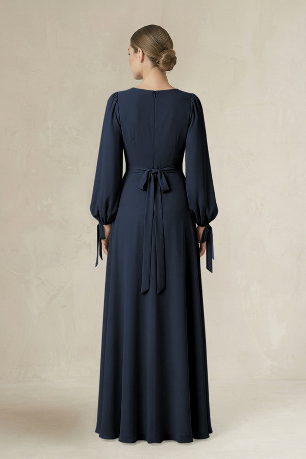 Square Neck Long Sleeve A-Line Chiffon Bridesmaid Dress in Dark Navy - KissProm BRIDESMAID DRESSES
