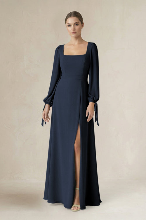 Square Neck Long Sleeve A-Line Chiffon Bridesmaid Dress in Dark Navy - KissProm BRIDESMAID DRESSES
