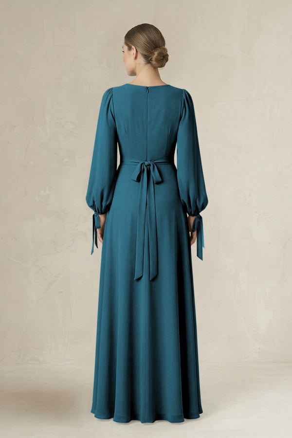 Square Neck Long Sleeve A-Line Chiffon Bridesmaid Dress in Dark Teal - KissProm BRIDESMAID DRESSES