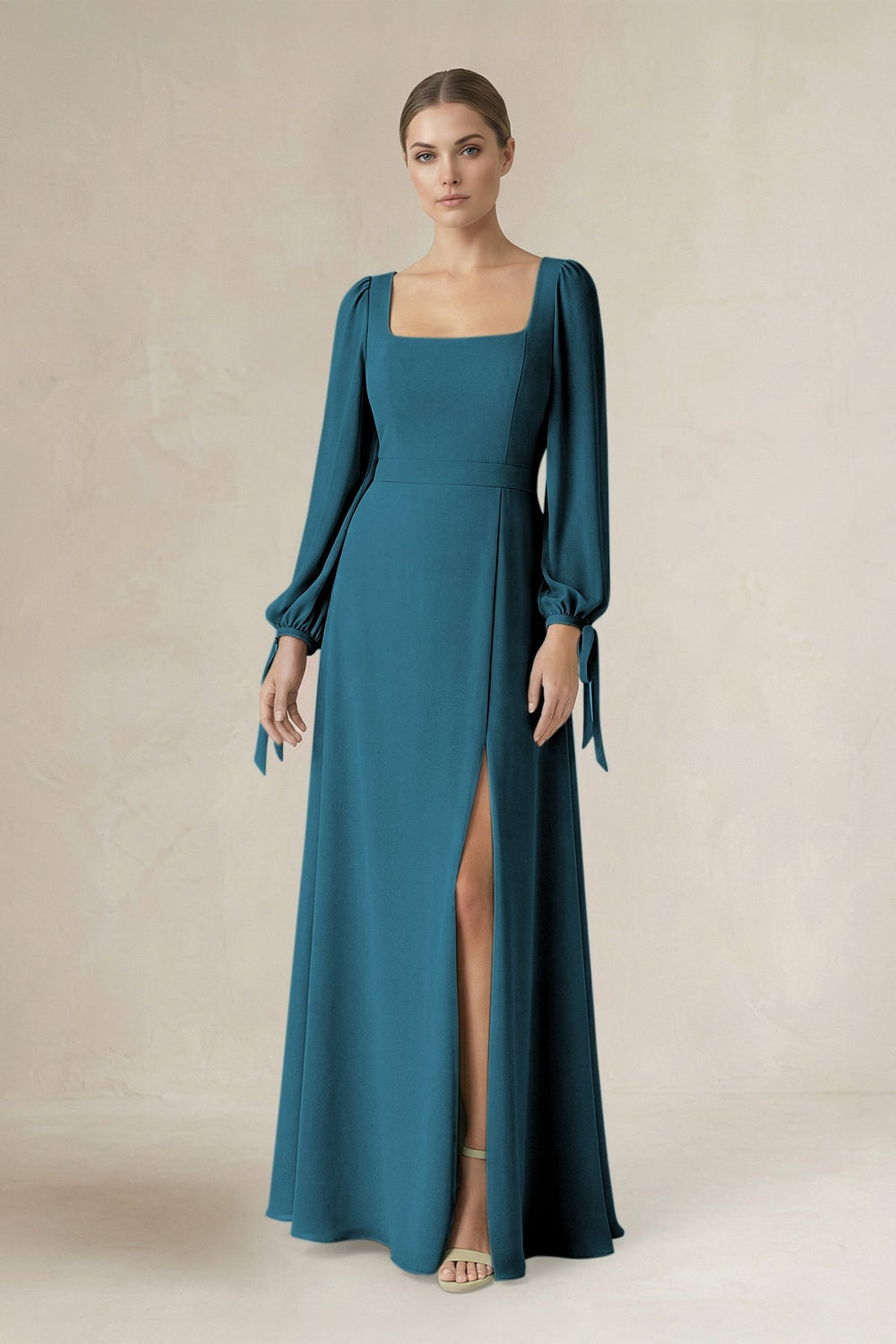Square Neck Long Sleeve A-Line Chiffon Bridesmaid Dress in Dark Teal - KissProm BRIDESMAID DRESSES
